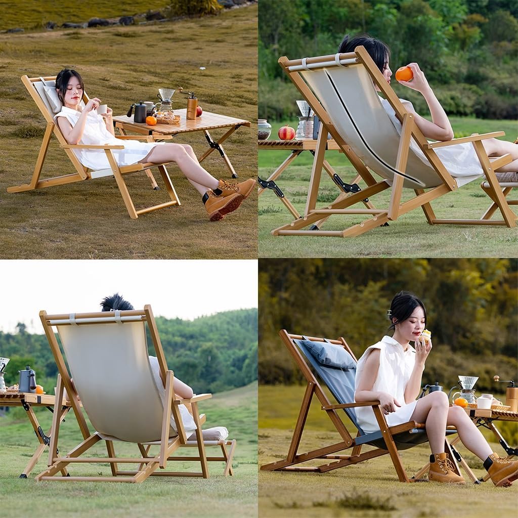 Wood Portable Reclining Beach Chair, 4 Level Height Adjustable Reclining Chairs with Wood Frames and Cushioned Headrest, for Indoor Outdoor Garden, Backyard, Poolside
