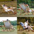 Wood Portable Reclining Beach Chair, 4 Level Height Adjustable Reclining Chairs with Wood Frames and Cushioned Headrest, for Indoor Outdoor Garden, Backyard, Poolside