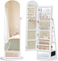 SONGMICS 360° Swivel Jewelry Cabinet, Full-Length Arched Mirror with LED Lights, Magnifying Mirror, Storage Shelves, Drawer, Cloud White UJJC030WB01