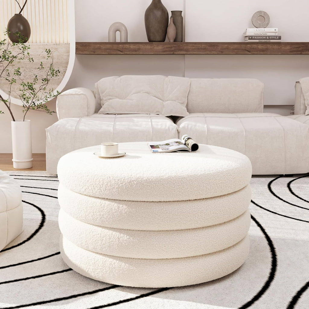 FiveWillowise 30 Inch Round Ottoman with Storage,Large Sherpa Storage Coffee Table Ottoman with Tray, Multi-Functional Cozy Modern Foot Rest for Couch, Living Room, Bedroom,Cream White