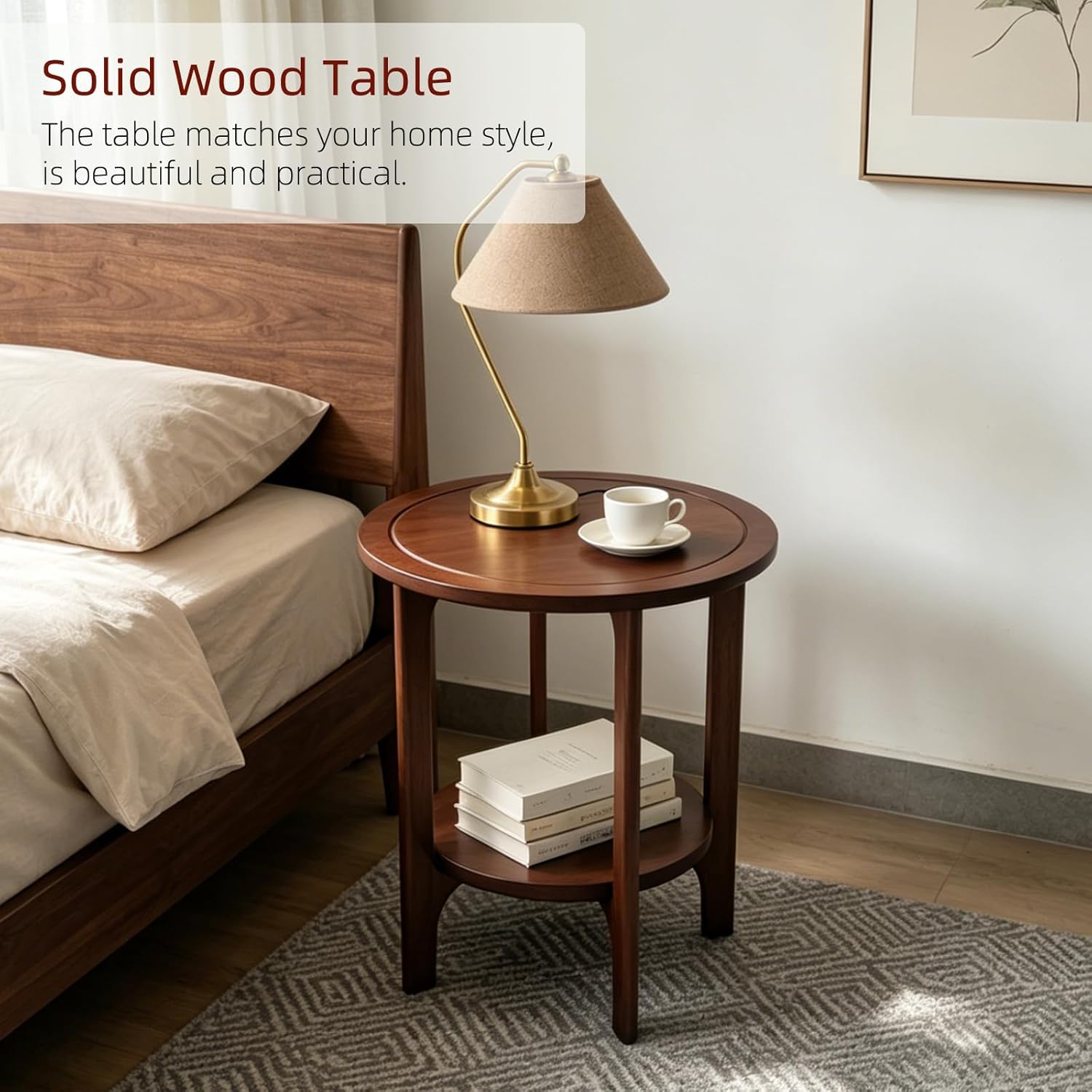 Small Round Side Table, 2-Tier Solid Wood End Table, Mid Century Modern Nightstand for Living Room, Bedroom, Easy Assembly (Walnut)