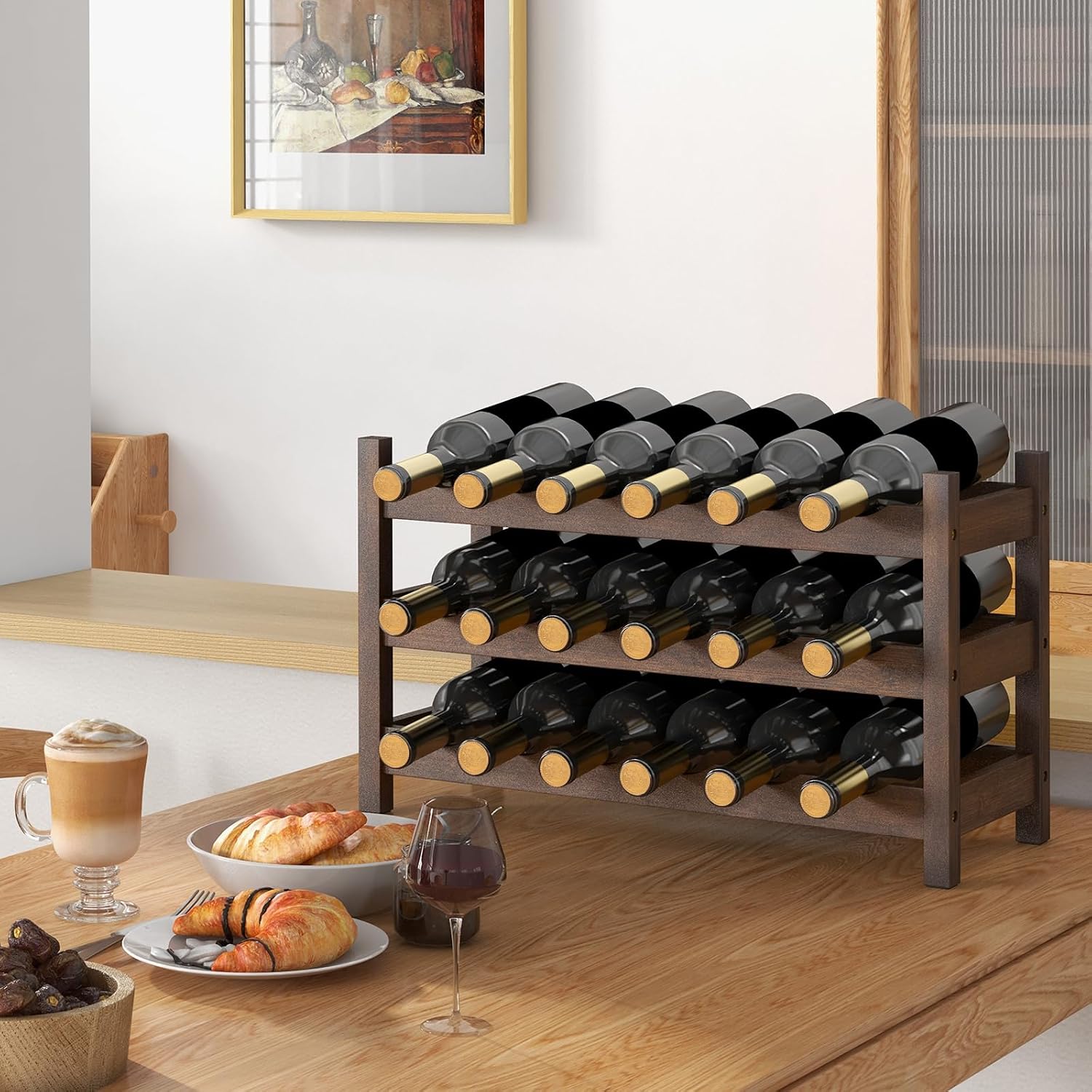 Giantex Bamboo Wine Rack, 3-Tier 18 Bottle Wine Storage Cabinet Shelf, Small Bottle Organizer Freestanding Counter, Countertop Wine Rack for Kitchen, Bar, Pantry & Wine Cellar, Coffee