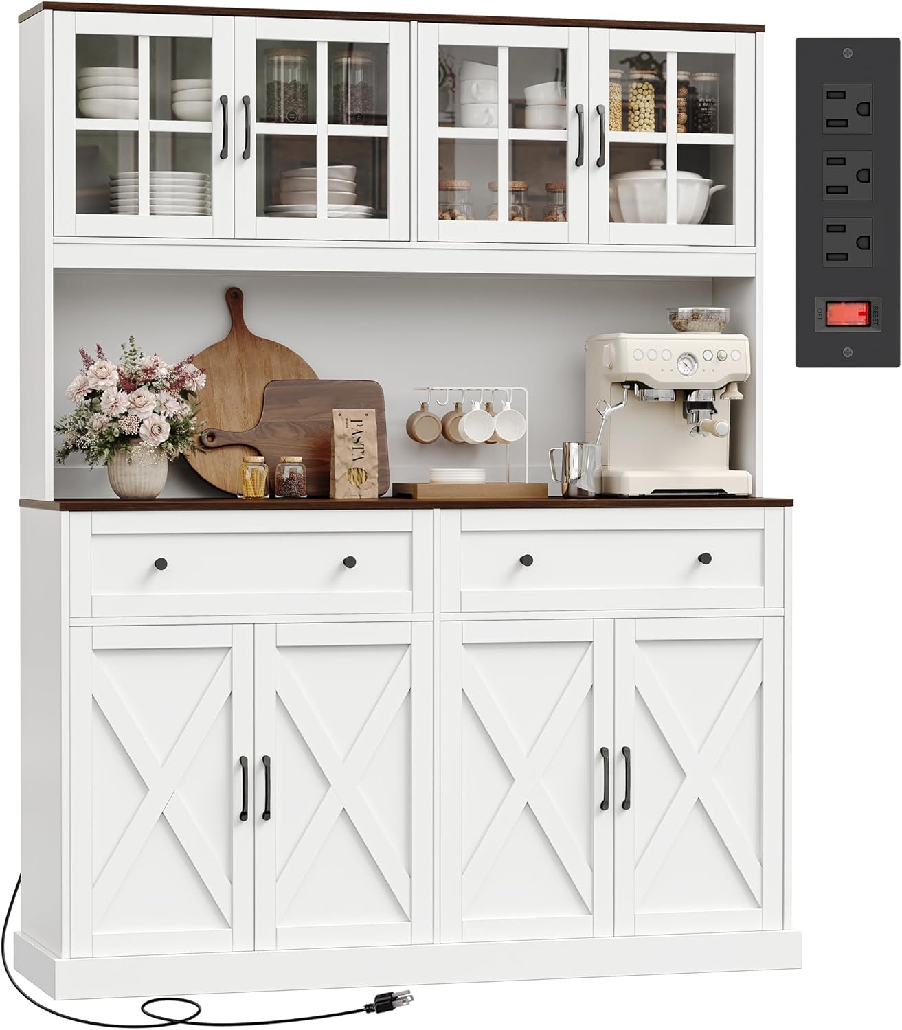 PRAISUN 71''H x 55.1''W Pantry Cabinet with Charging Station, 4 Wide Cabinets Kitchen Pantry with 2 Drawers, Farmhouse Hutch Storage Cabinet, Tall Coffee Bar, Acrylic Door, Adjustable Shelves, White