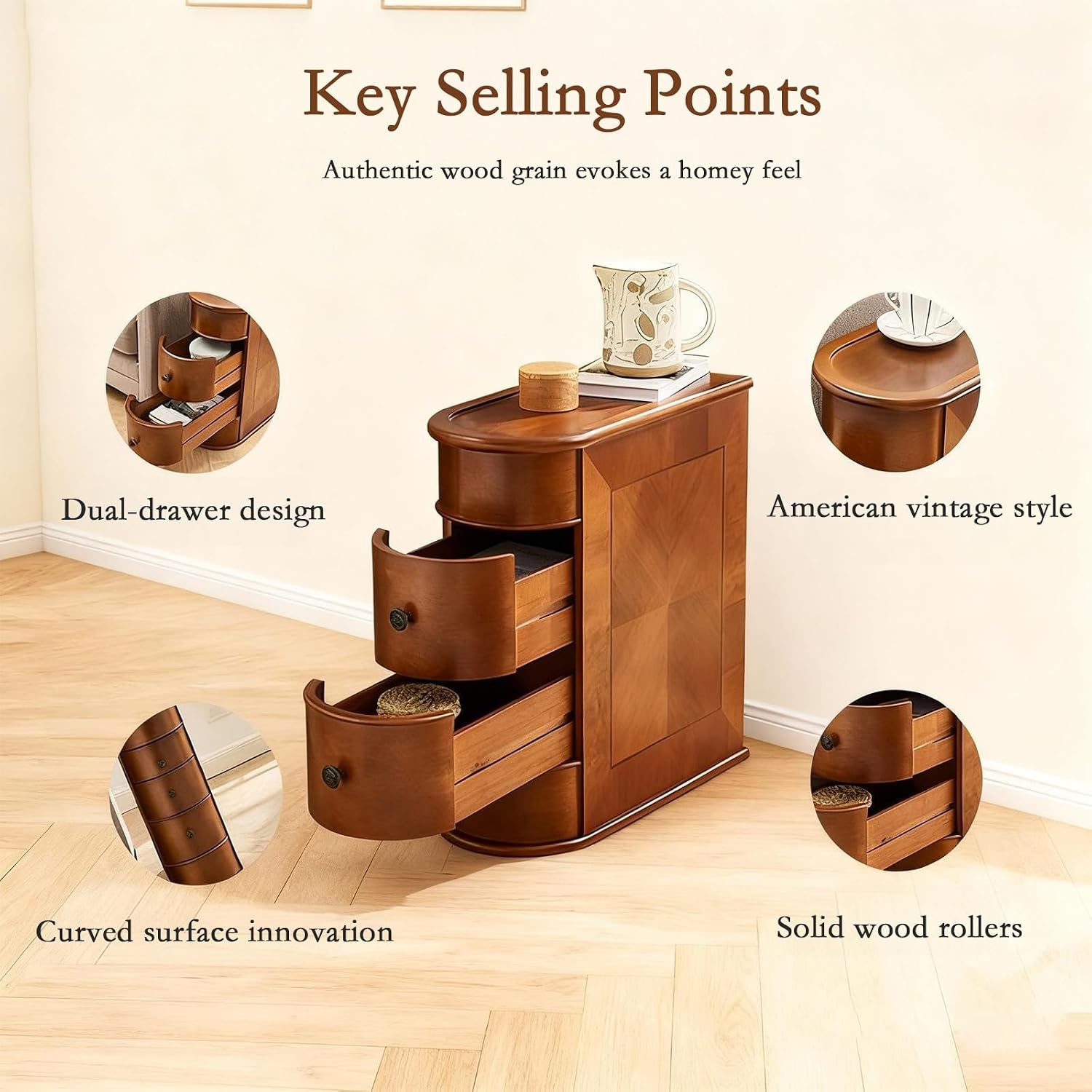 Vintage Wood End Table with 2 Drawers, No Assembly Required Slim Narrow Design for Small Spaces, Sofa Side for Living Room or Nightstand for Bedroom(Brown,Number of Items: 1)
