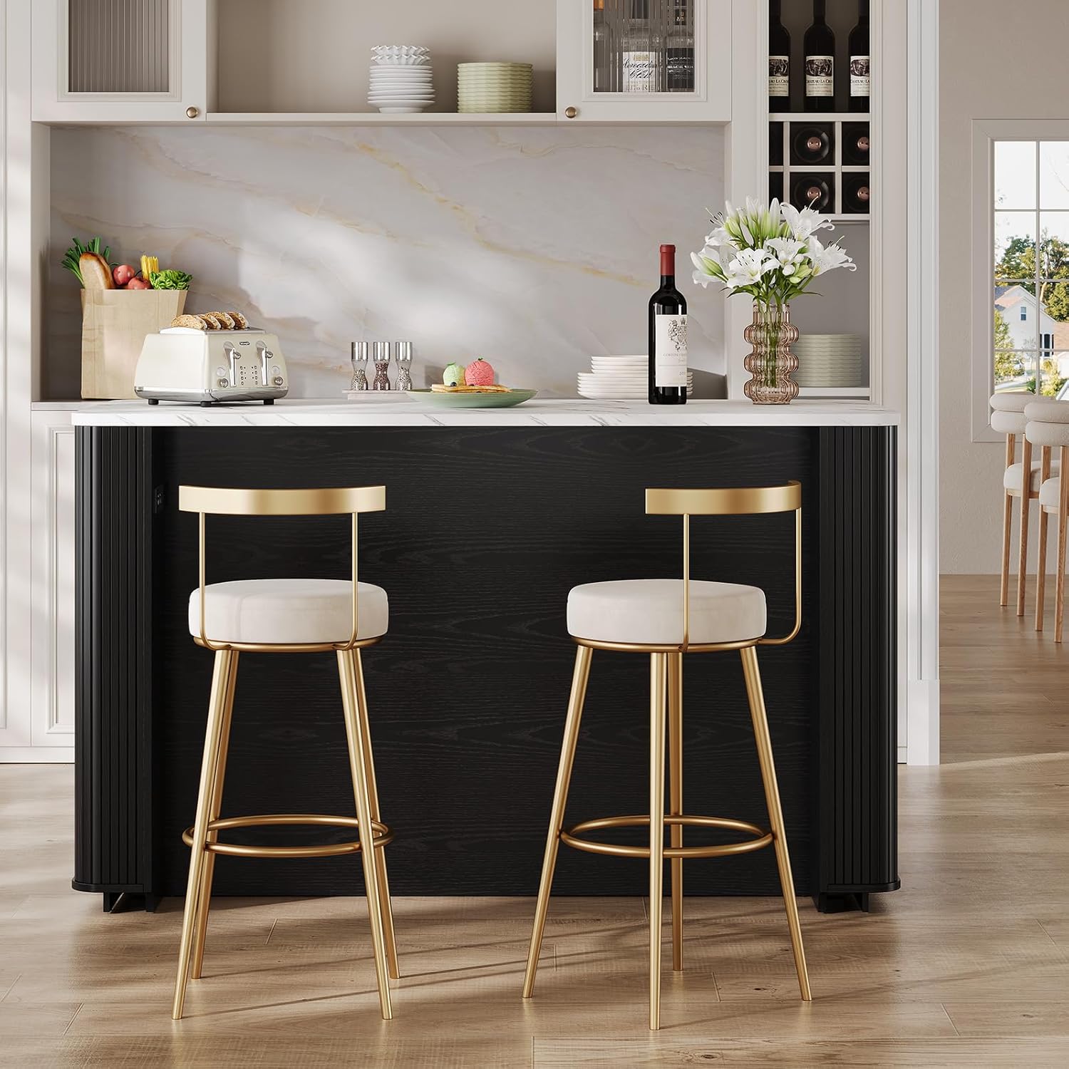 ONBRILL 60" Stationary Kitchen Island with Storage, Fluted Island Table w/Faux Marble Worktop, Sliding Door, Adjustable Shelves, Open Shelves, Mid Century Modern Coffee Bar Station with Drawer, Black