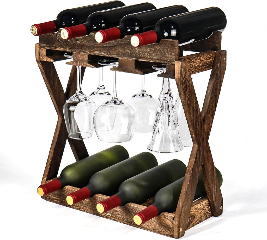 3-in-1 Countertop Wine Rack with Glass Holder | Store 8 Bottles, 6 Stemware Glasses and Wine Tools, Durable Wooden Wine Bottle Holder, Elegant Home Decor