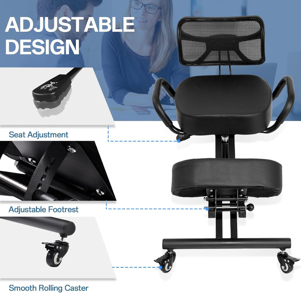 Ergonomic Kneeling Chair with Backrest & Lumbar Support, Adjustable Height Desk Chair with Wheels & Thick Cushion, Ideal for Office & Work from Home, Support Upright Sitting & Relieve Back Pain