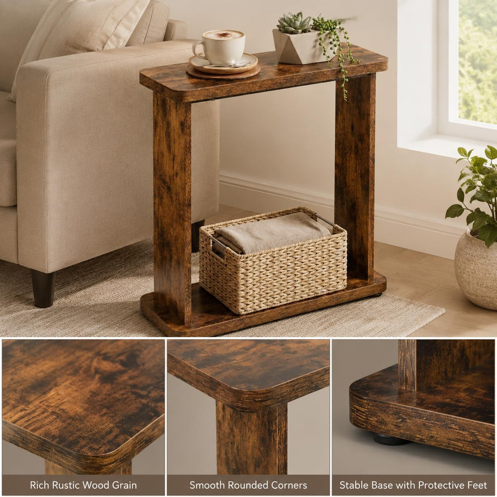 Narrow Side Table for Small Spaces, 7.9" Slim End Table with 2-Tier Open Storage Shelf, Modern Skinny Wood Sofa Table for Living Room, Bedroom, Nightstand, Couch (Rustic Brown)