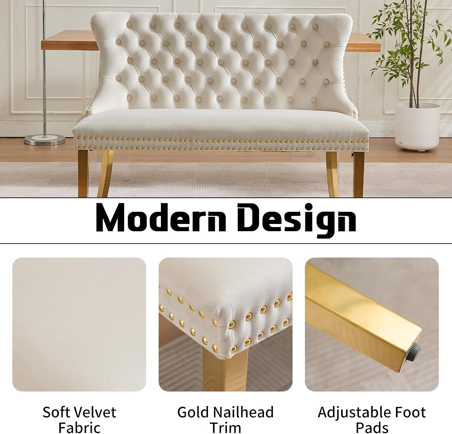 Shenyon Velvet Upholstered Dining Bench with Back, Tufted Loveseat Bench with Gold Stainless Steel Legs and Nailhead Trim, Banquette Seating for Dining Room, Kitchen, Entryway (Beige, Dining Bench)
