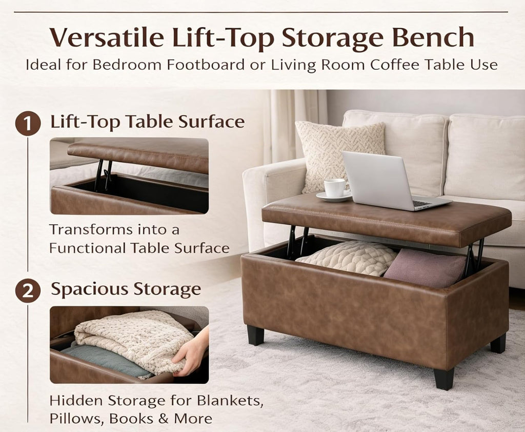 Homebeez 42 inch Lift Top Storage Ottoman Bench, Modern Faux Leather Rectangular Ottoman with Storage for Living Room, Bedroom, Entryway, Tan