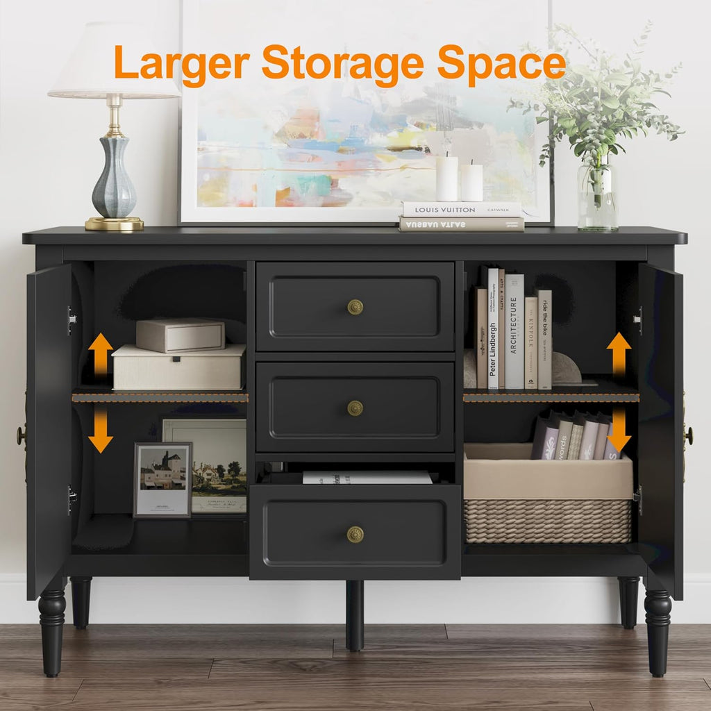 RoyalCraft Buffet Cabinet with Storage, Vintage Sideboard with 2 Doors & 3 Drawers, Coffee Bar Table with Solid Wood Legs, Mid Century Modern Painted Credenza for Kitchen, Dining Room, Black