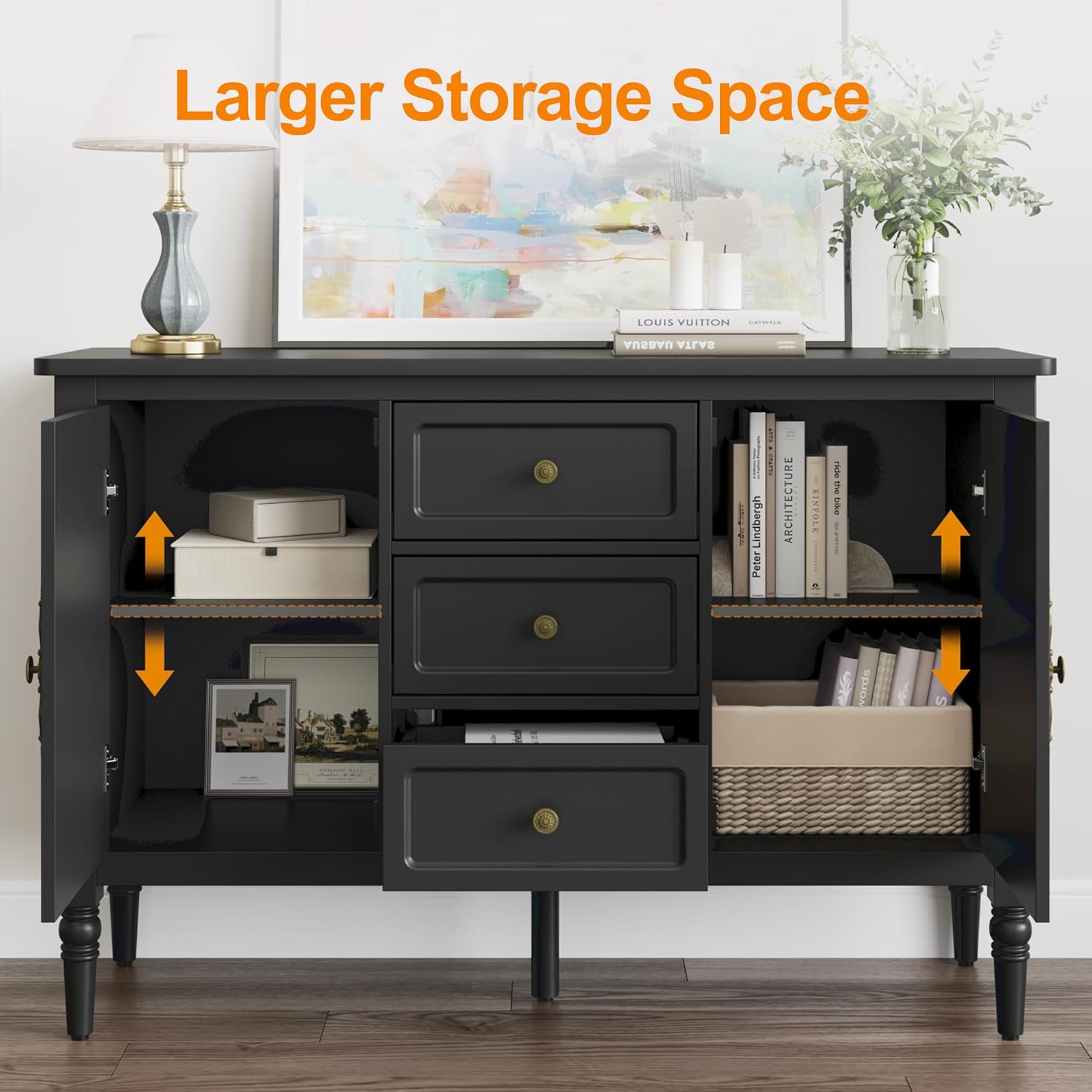 RoyalCraft Buffet Cabinet with Storage, Vintage Sideboard with 2 Doors & 3 Drawers, Coffee Bar Table with Solid Wood Legs, Mid Century Modern Painted Credenza for Kitchen, Dining Room, Black
