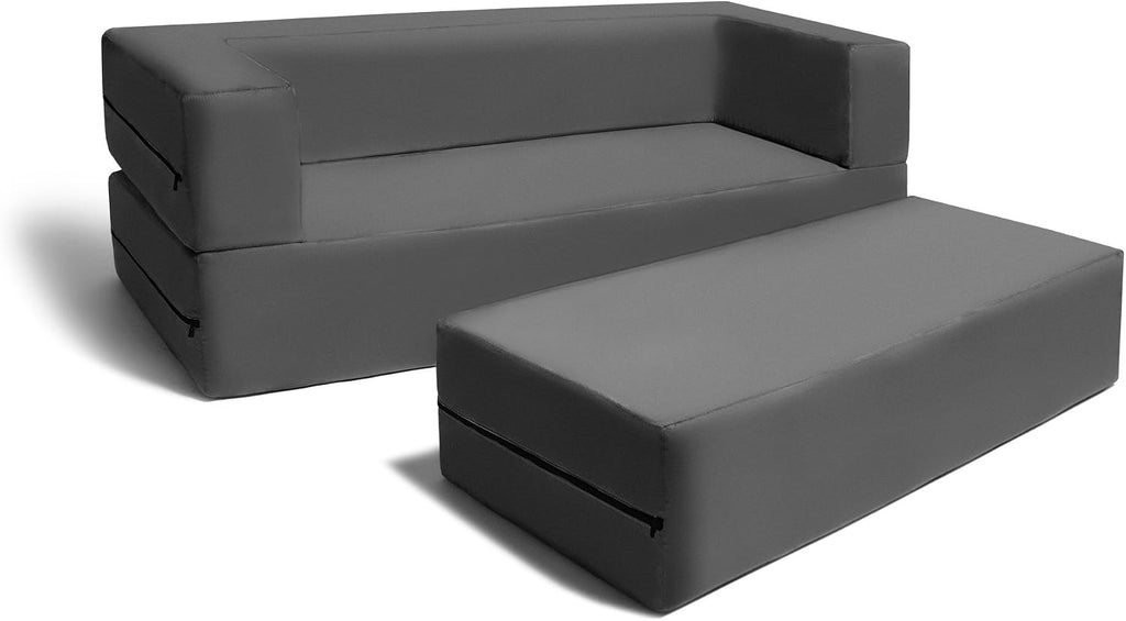 Jaxx Zipline Kids Sofa & Large Ottoman, 3 in 1 Fold Out Sofa, Big Kids Edition, Charcoal