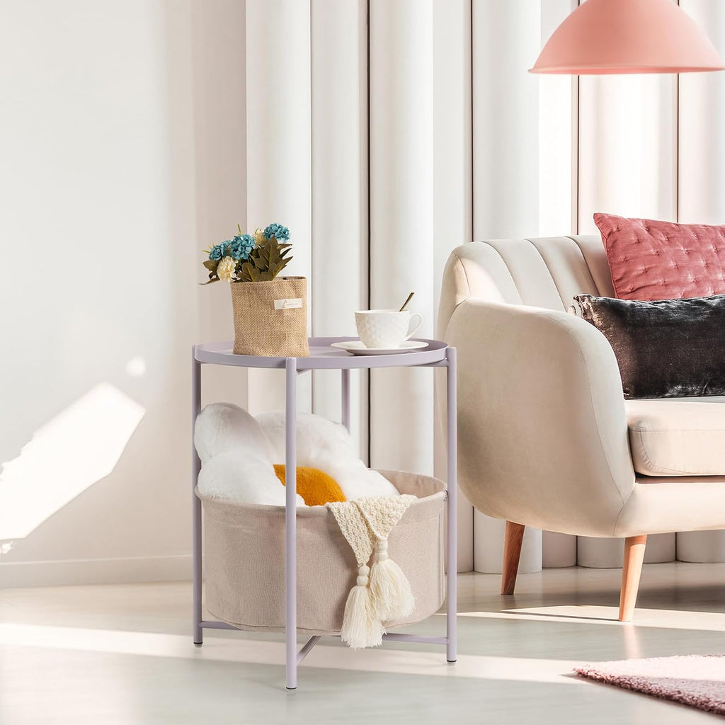 danpinera Round Side Table with Fabric Storage Basket, Small Coffee Table | Metal End Stand with Removable Serving Tray, Modern Nightstand for Small Space, Living Room, Bedroom, Nursery, Light Violet