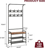 Alkmaar Entryway Bench with Coat Rack, Retro Brown, Made of Engineered Wood, 23.5" L x 11.8" W x 70.7" H