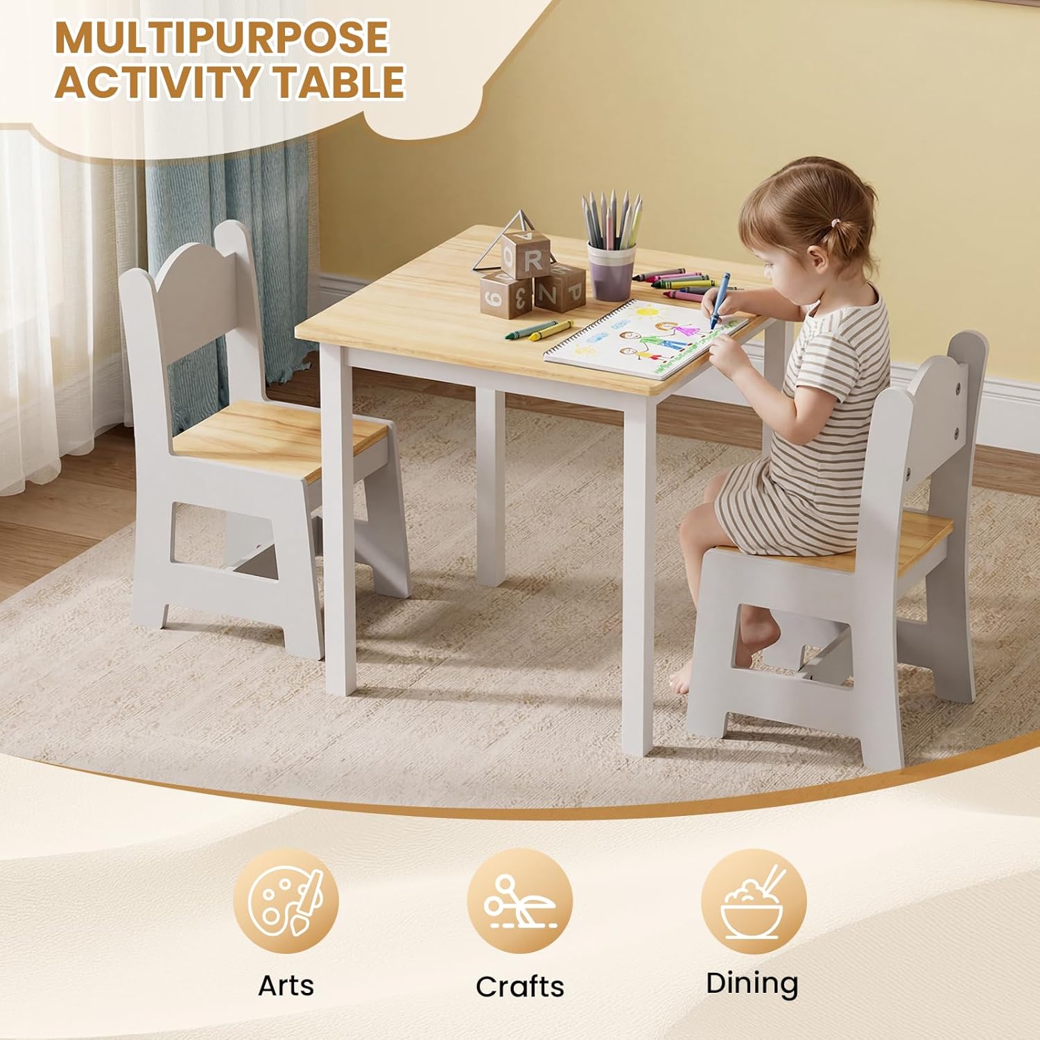 JOYMOR Kids Table and 2 Chairs, Toddler Table and Chair Set, Wooden Activity Table for Children with Chairs, Perfect for Arts, Crafts and Nursery Use, Natural & White