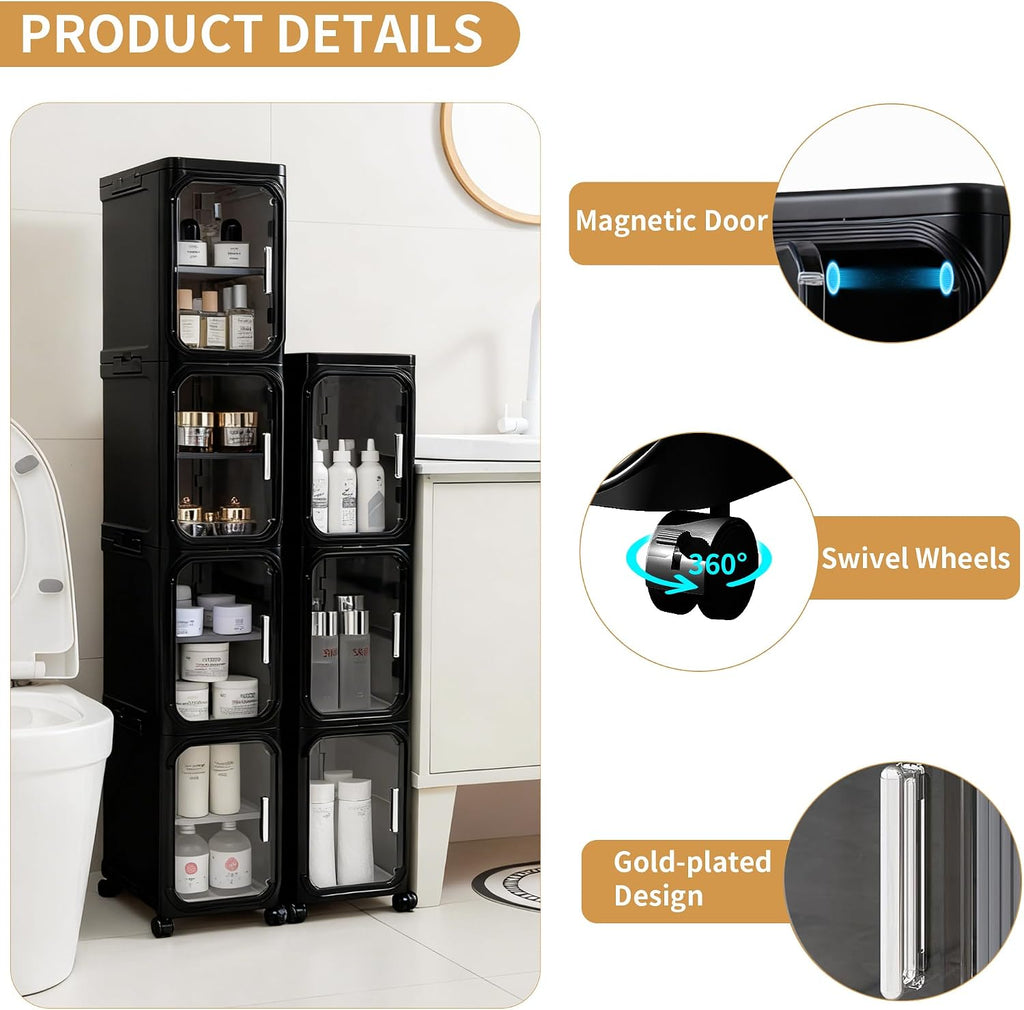 2-Tier Narrow Storage Cabinet, Slim Bathroom Storage Cabinet with Adjustable Shelves and Wheels, Narrow Organizer for Small Space, Bathroom, Kitchen, Laundry, Black