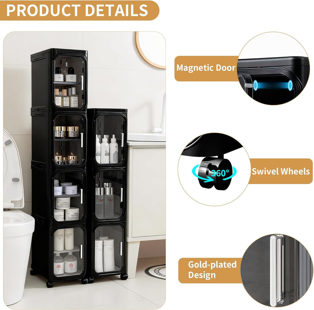 5-Tier Tall Narrow Slim Bathroom Storage Cabinet, Black | Tool Free Assembly, Adjustable shelves, Fits for Narrow Spaces, Lockable Wheels, Magnetic Clear Door