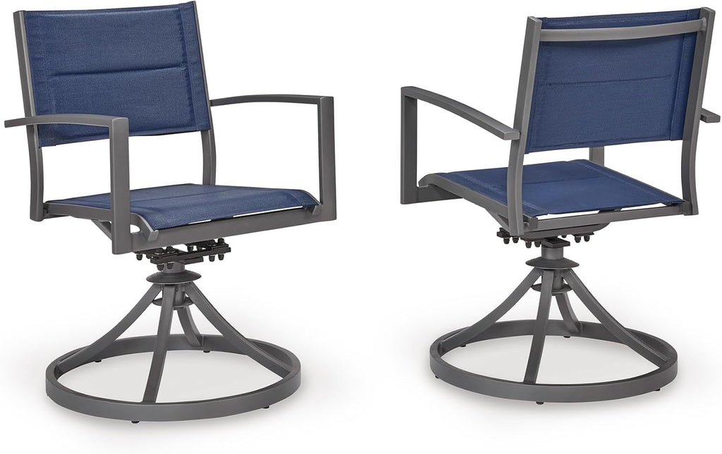 Signature Design By Ashley Point Bonita Swivel Outdoor Chair, 360-Degree Motion, Aluminum Frame with Padded Sling Seat for Patio Or Porch, All-Weather Gray/Blue, Set of 2