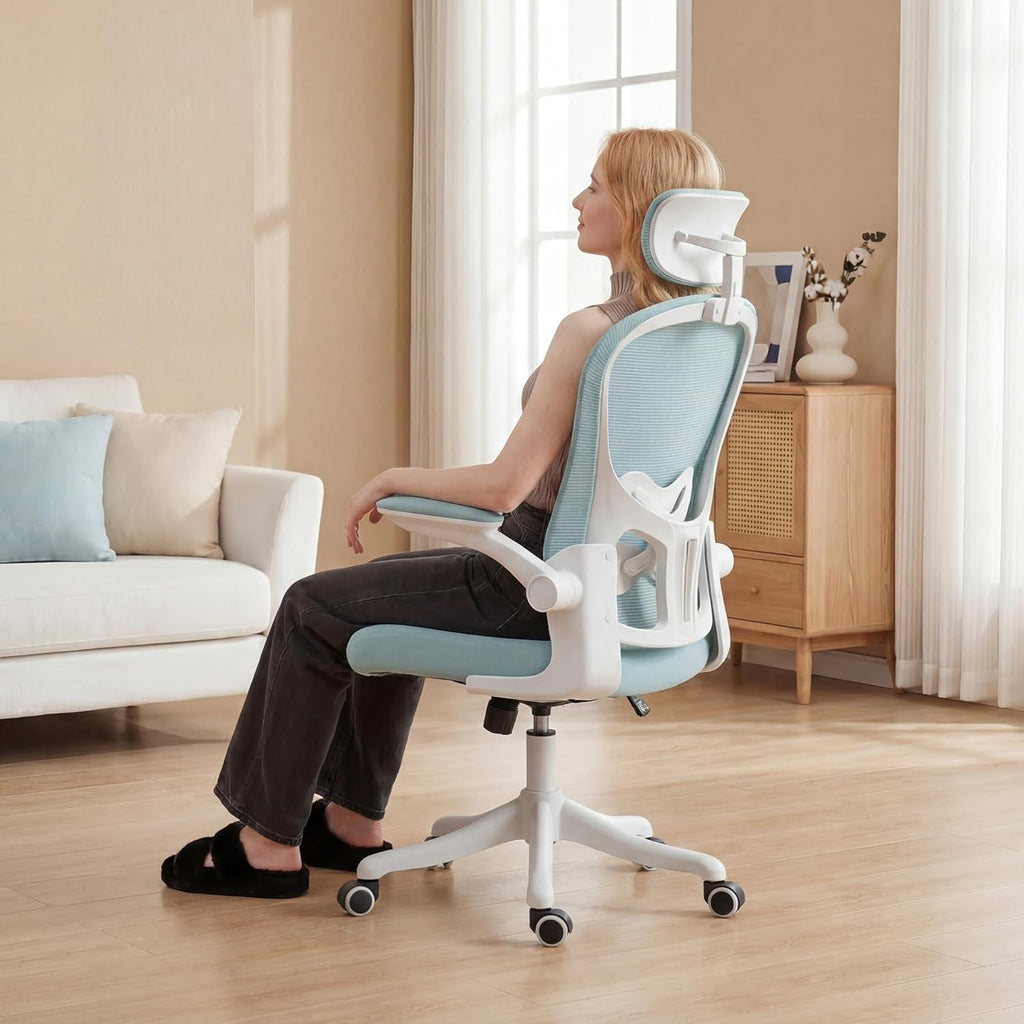 Ergonomic Office Chair with Adjustable Lumbar Support and Headrest, High Back Mesh Desk Chair for Home Office,Flip-Up Arms 90-120° Tilt Lock Rolling Swivel Task Chairs (White-Blue6065)