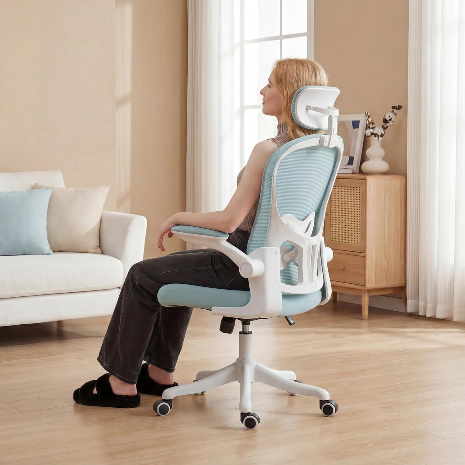 Ergonomic Office Chair with Adjustable Lumbar Support and Headrest, High Back Mesh Desk Chair for Home Office,Flip-Up Arms 90-120° Tilt Lock Rolling Swivel Task Chairs (White-Blue6065)