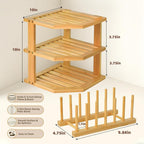 Bamboo Plate Organizer for Cabinet Set,3 Tier Corner Shelf & Vertical Plate Holder, Durable Space Saver Wooden Dish Racks for Kitchen Cabinet RV Plates,Dishes,Bowls,Spice,Lids,Bread Pantry - 1 Set