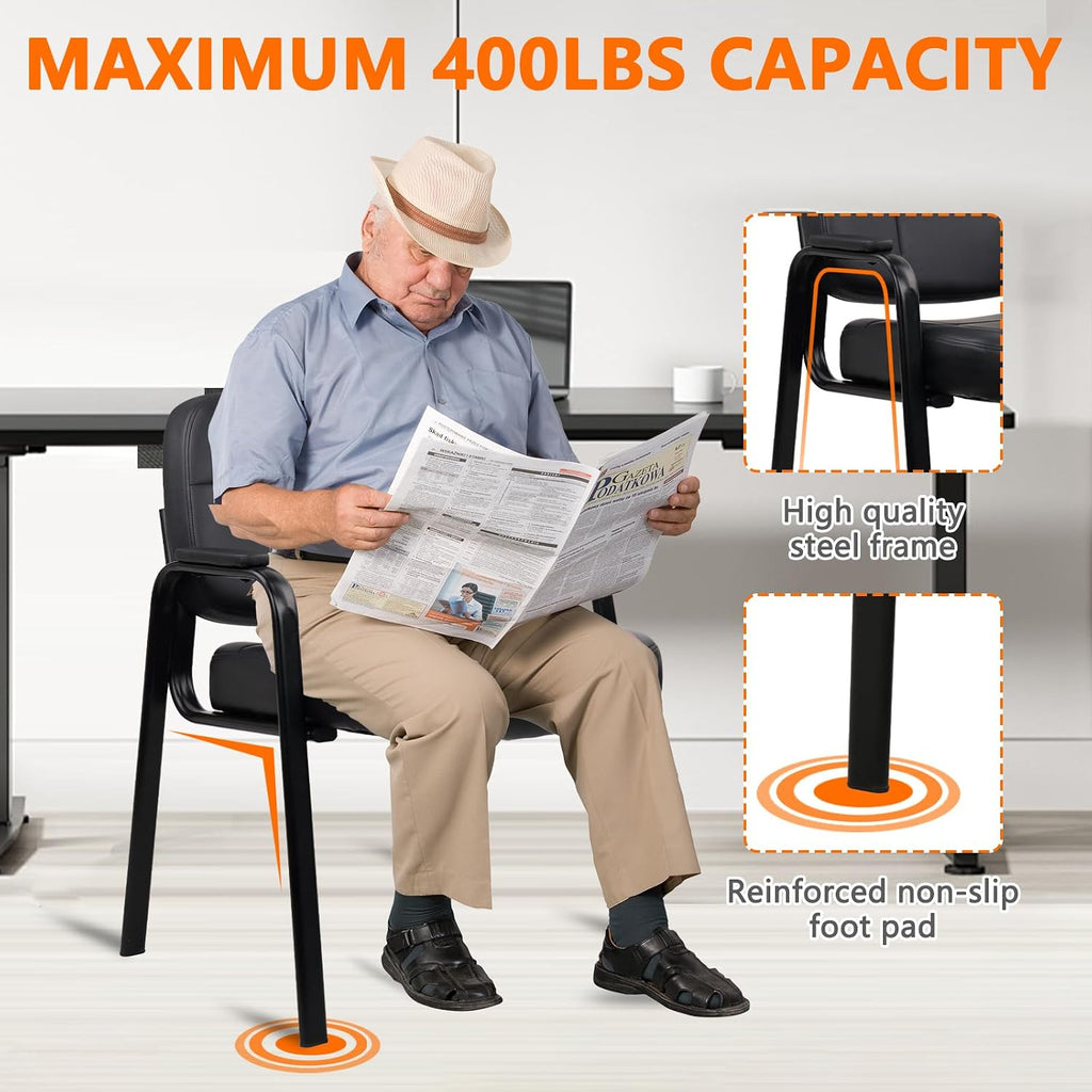 CLATINA Big and Tall 400 lbs Office Guest Chair, Leather Waiting Room Reception Chair No Wheels with Padded Arms for Elderly Home Meeting Conference Room Lobby Side Salon Clinic, Black 4 PK