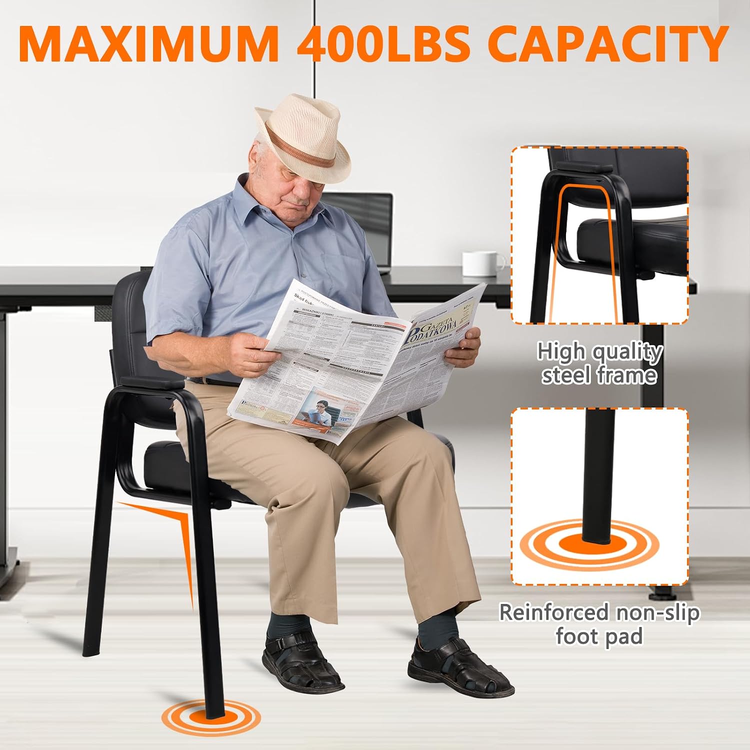 CLATINA Big and Tall 400 lbs Office Guest Chair, Leather Waiting Room Reception Chair No Wheels with Padded Arms for Elderly Home Meeting Conference Room Lobby Side Salon Clinic, Black 4 PK