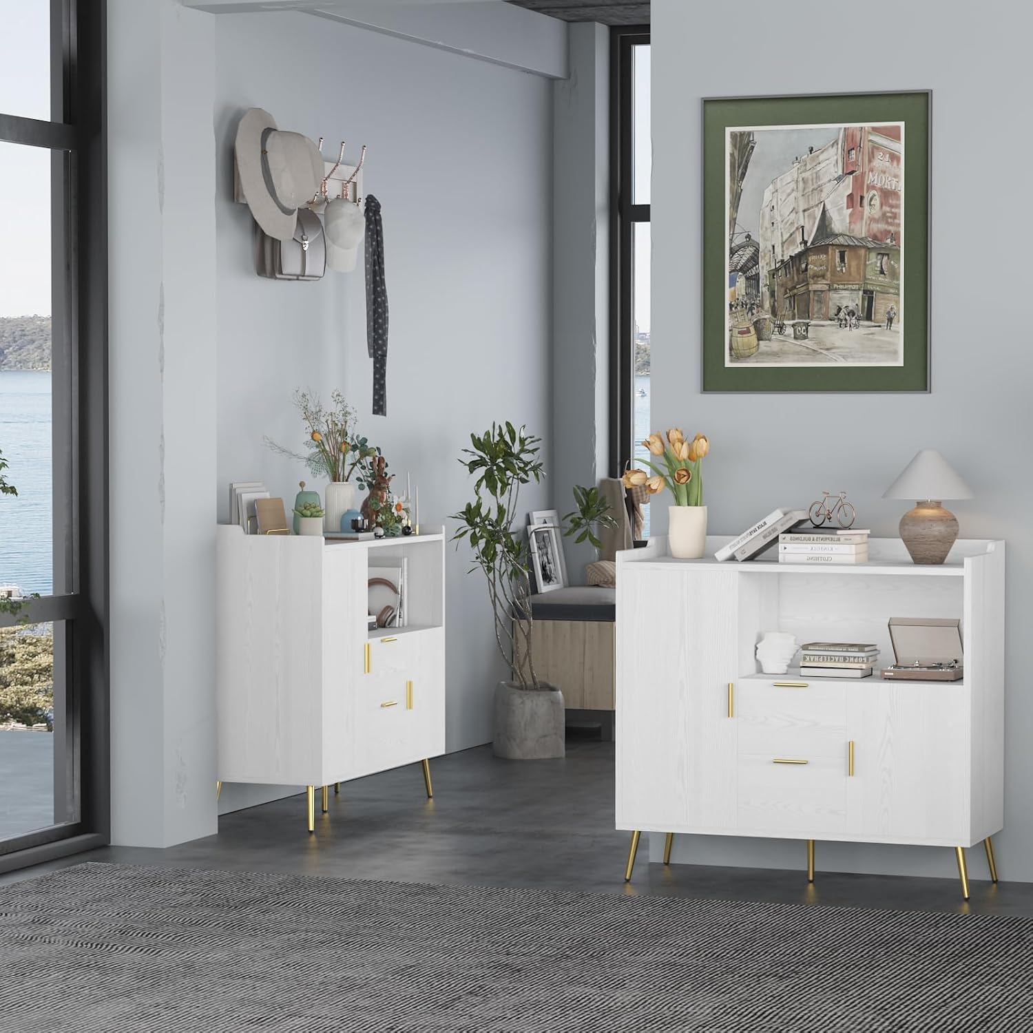 Modern White Sideboard Buffet Cabinet - 40" Wooden Storage, 2 Drawers, 2 Doors, Multi-Functional, Living Room Stand