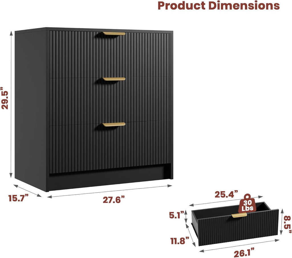 Garvee 3 Drawer Dresser for Bedroom - 30" Tall Nightstand Vertical Modern Fluted Chest of Drawers with Golden Metal Handles, Multi-Function Home Organizer for Living Room, Entryway, Hallway, Black