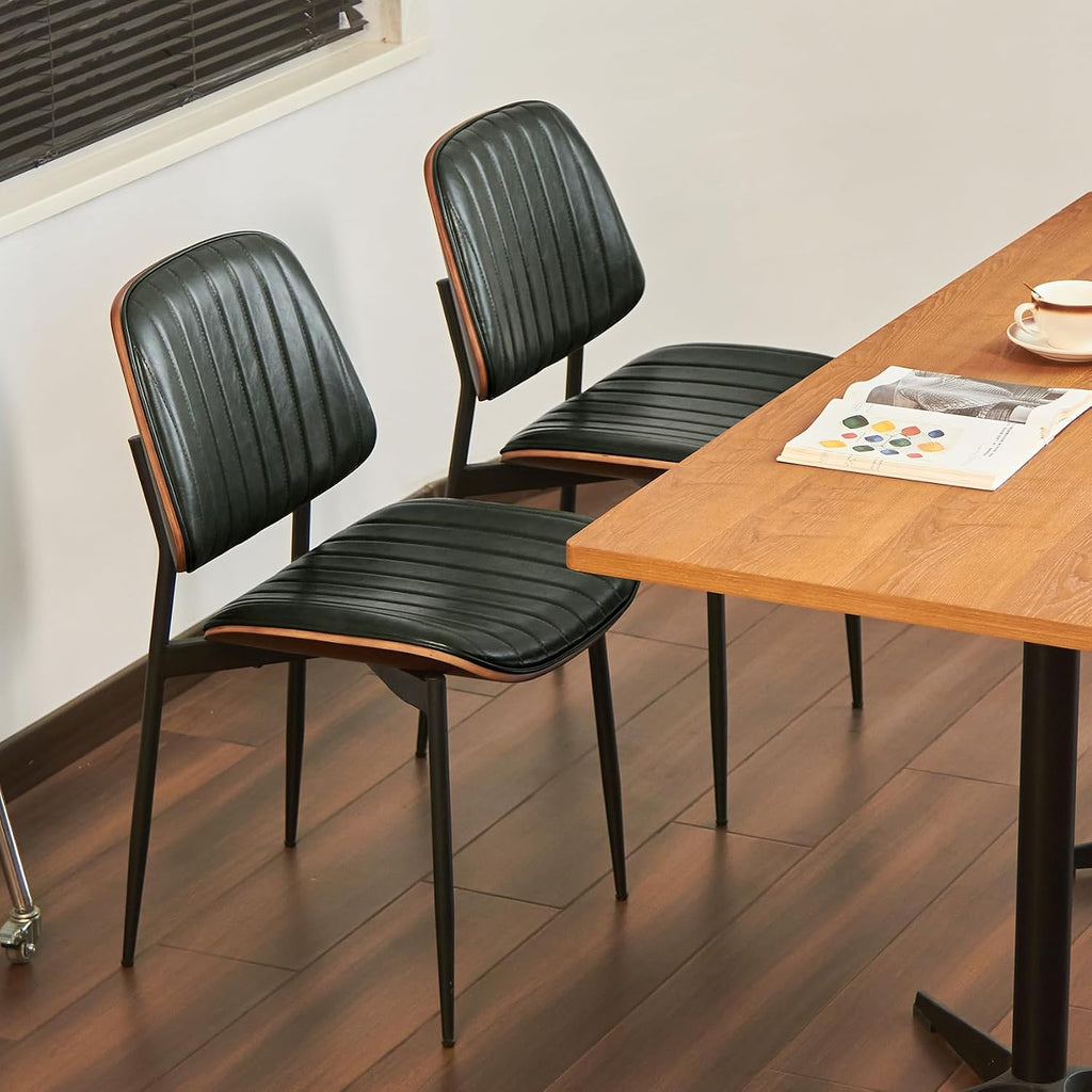 Mid Century Modern Dining Chairs Set of 6, Retro Chair with Faux Leather Upholstered Seat/Back & Metal Legs & Leg Protectors for Kitchen (Dark Green)