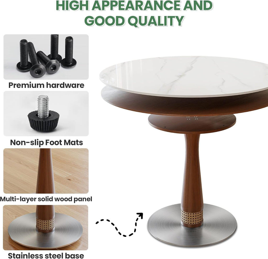 39" Round White Sintered Stone Dining Table with Pedestal Base for Kitchen Dining Room