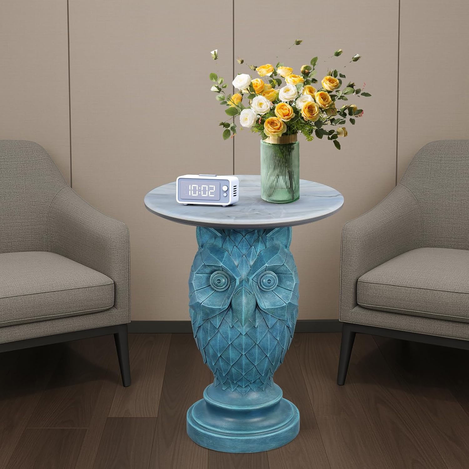Luxury Owl Side Table, Blue Faux Marble Top Accent End Table, Decorative Animal Sculpture Furniture for Living Room, Bedroom, Entryway Home Decor