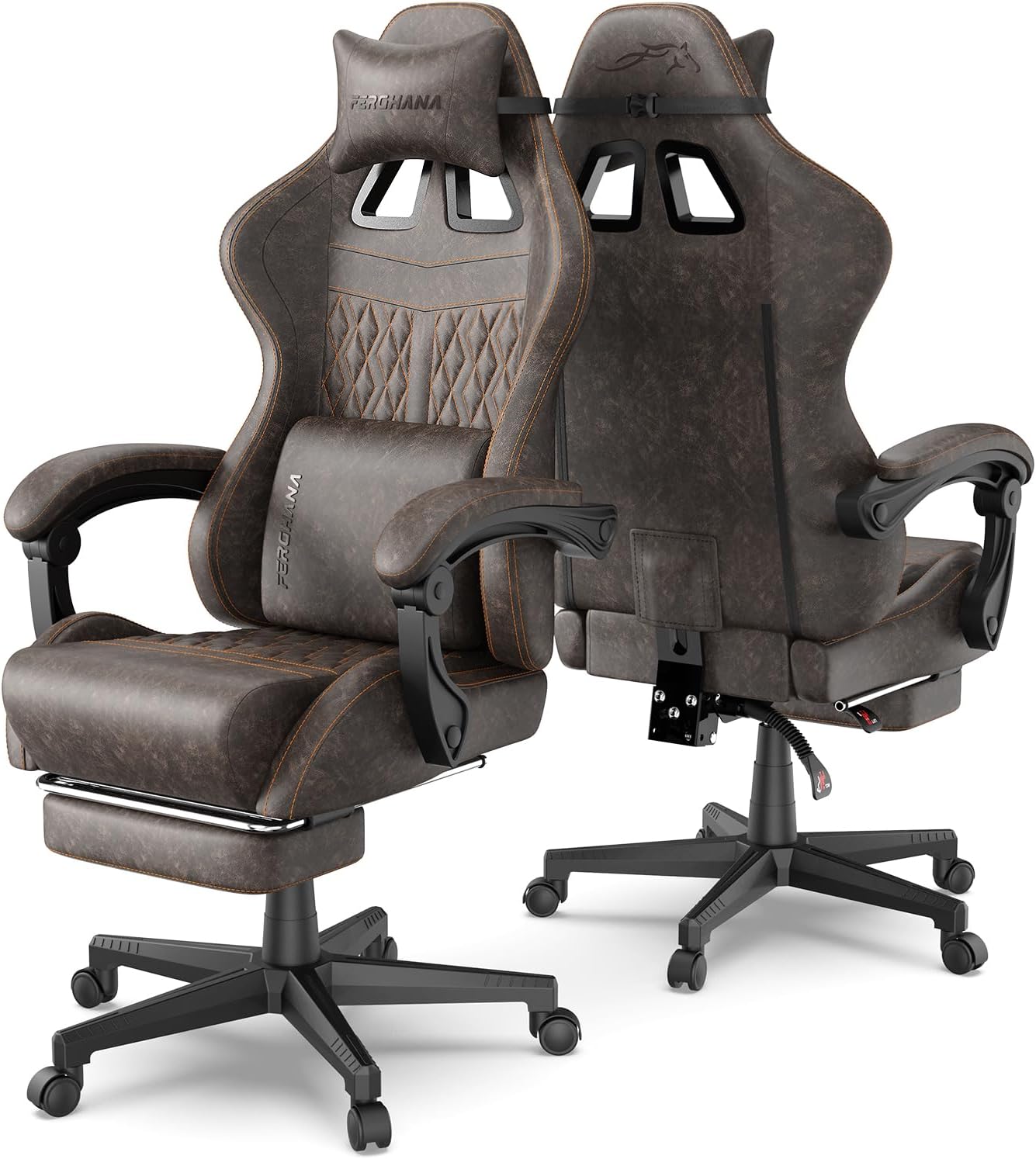 Ferghana Vintage PU Leather Gaming Chair, Ergonomic Gamer Chair with Massage, High Back Computer Office Chair with Footrest for Adults, Racing Style Reclining Video Game Chair (Brown)