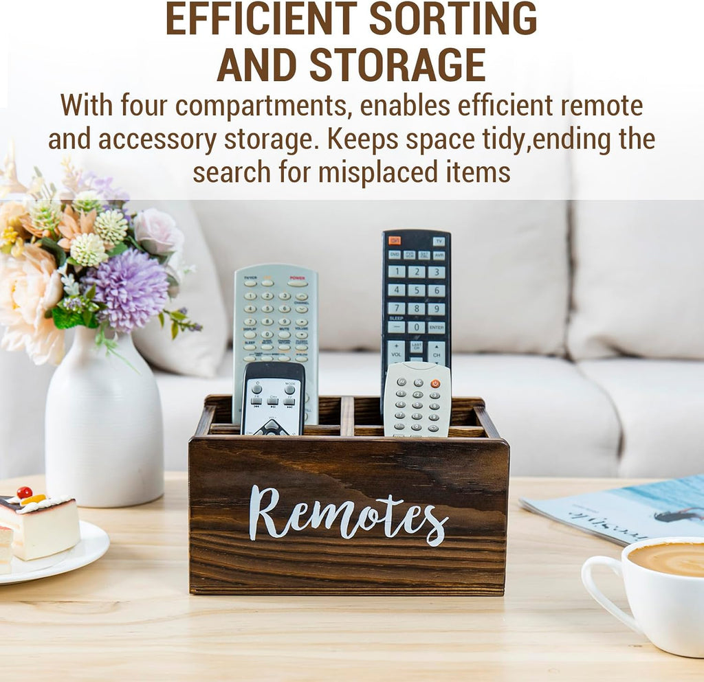 MyGift Wood Remote Control Holder Organizer with 4 Compartments, Tabletop Media TV Remote Caddy Storage with Cursive REMOTES Design (Rustic Burnt)