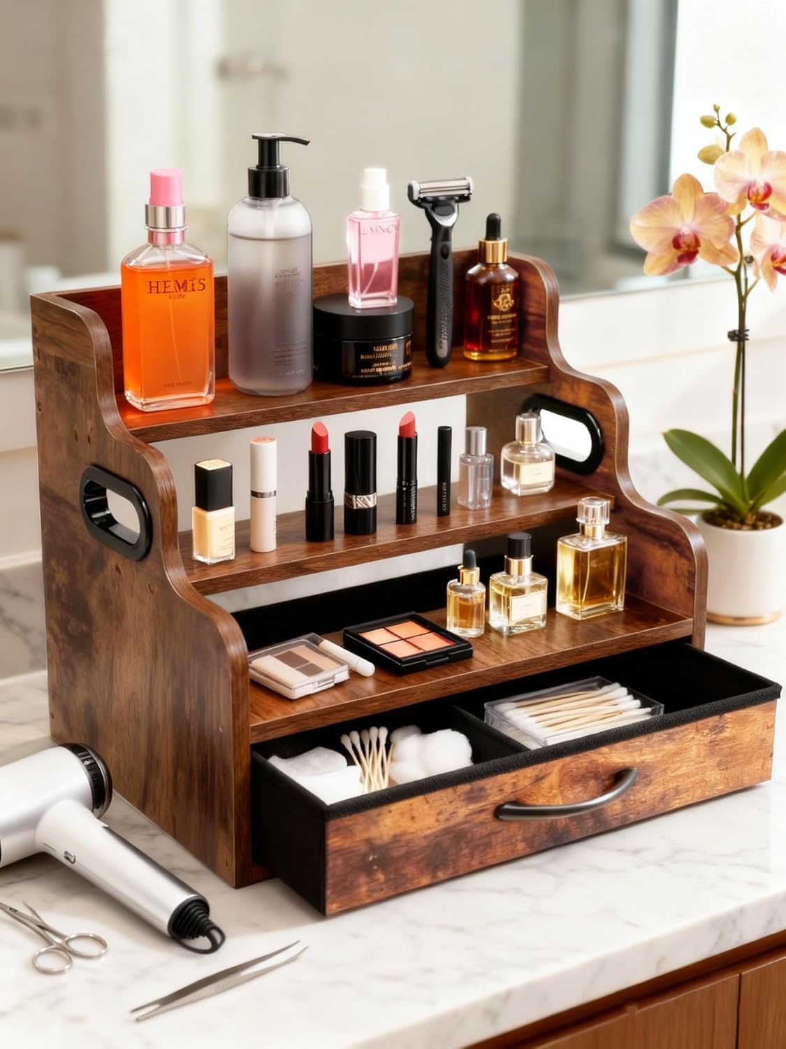Liquor Bottle Display Shelf 3 Floors with Drawers | Countertop Wine Rack, Accommodates 12 Bottles and 36 K Cups, Minibar Coffee Syrup Storage Box, Whiskey