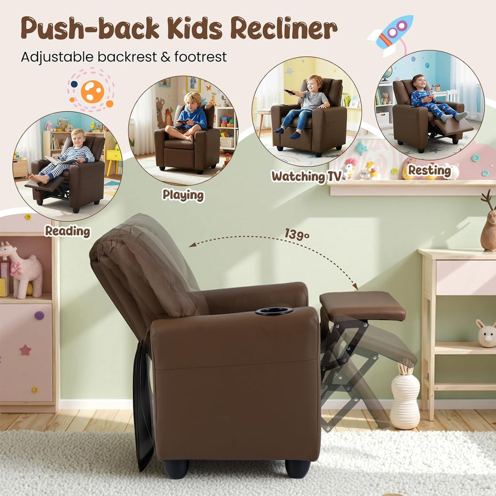 HONEY JOY Kids Recliner, 2-in-1 Toddler Armrest Sofa Couch with Cup Holders, Adjustable Footrest, PU Leather, Child-Size Recliner Chair for Boys Girls Age 3+ (Brown)