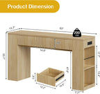 Entryway Table with 3 Drawers and Charging Station, 63" Console Table with LED Lights & Side Storage, Narrow Wooden Sofa Tables for Hallway, Foyer, Living Room, Natural Oak