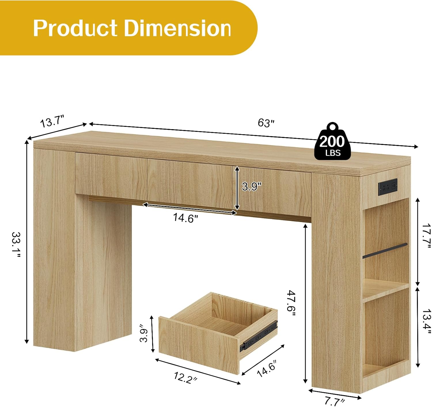Entryway Table with 3 Drawers and Charging Station, 63" Console Table with LED Lights & Side Storage, Narrow Wooden Sofa Tables for Hallway, Foyer, Living Room, Natural Oak