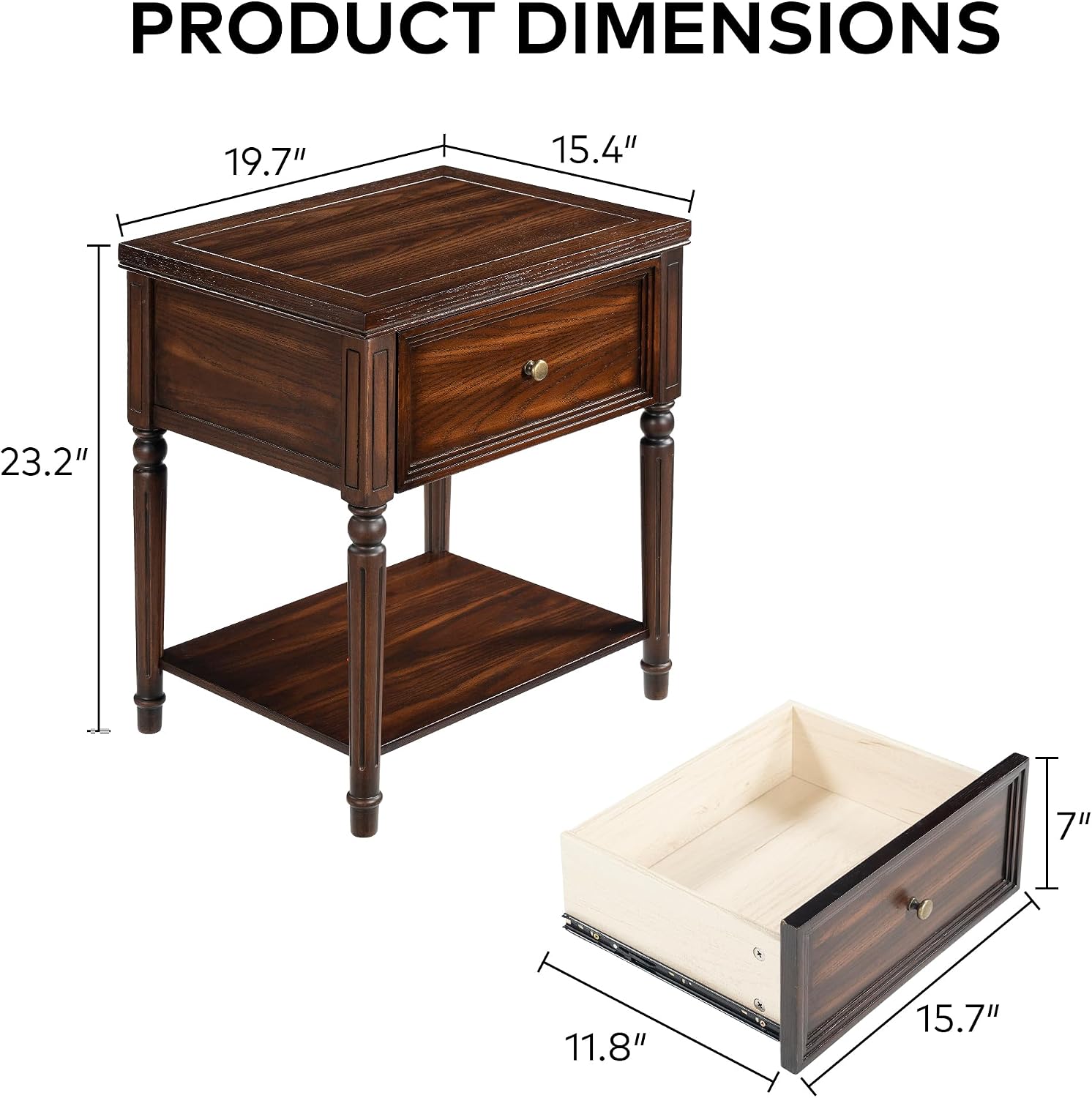Solid Wood Nightstands Set of 2 with Drawer, Farmhouse End Table Sofa Side Table with Storage Shelves, Real Wood Beside Table Accent Table for Small Spaces, Living Room, Easy Assembly (Walnut)