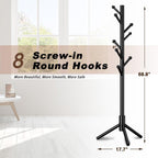 Coat Rack, Coat Racks Freestanding with 8 Hooks 3 Adjustable Heights for Clothes, Hats, Handbags, Coat Tree Easy Assembly for Entryway, Bedroom, Hallway, Office(Black)