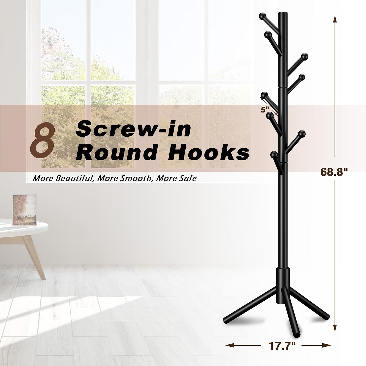 Coat Rack, Coat Racks Freestanding with 8 Hooks 3 Adjustable Heights for Clothes, Hats, Handbags, Coat Tree Easy Assembly for Entryway, Bedroom, Hallway, Office(Black)