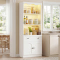 Cyclysio 80" Tall Pantry Cabinet with Motion Sensor LED Lights, Kitchen Storage Cabinet for Coffee Bar and Dining Room, Tall Bookshelf with 3.15" Baseboard Cutout, Drawer and Cupboard, White