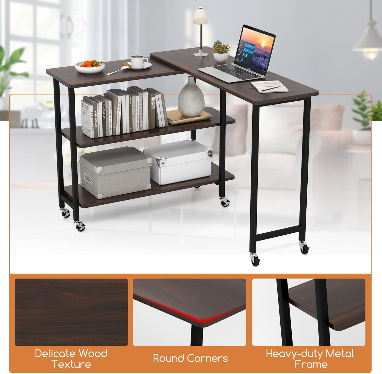 GOFLAME 360° Rotating Sofa Side Table, Mobile Couch Side End Table with 2-Tier Storage Shelves, Swivel Rolling Desk w/Metal Frame, 6 Casters, Movable Laptop Table for Home Office, Patented, Walnut