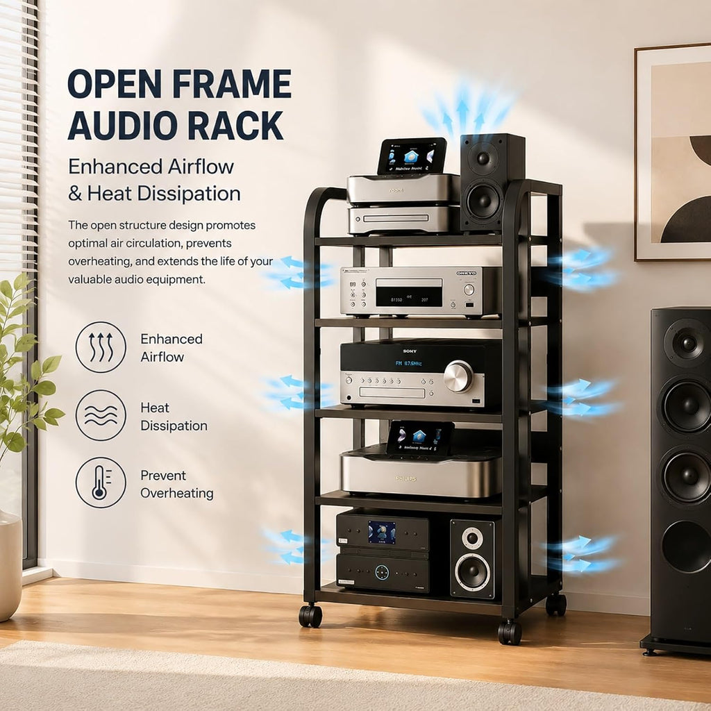 5-Tier Audio Rack with Wheels, Adjustable AV Media Stand for Stereo Components, Heavy Duty Stereo Cabinet with Open Airflow Shelves, Audio Equipment Rack for Living Room and Home Theater