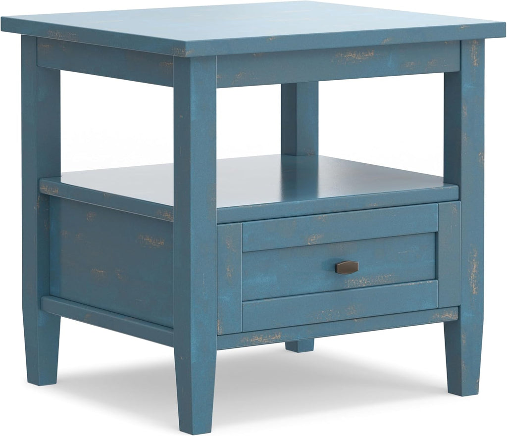 SIMPLIHOME Warm Shaker End Table - 20" Wide x 20" High Solid Wood Square Accent Table in Distressed Coastal Blue, Transitional Side Table for Living Room with Drawer, Open Shelf and Tapered Legs