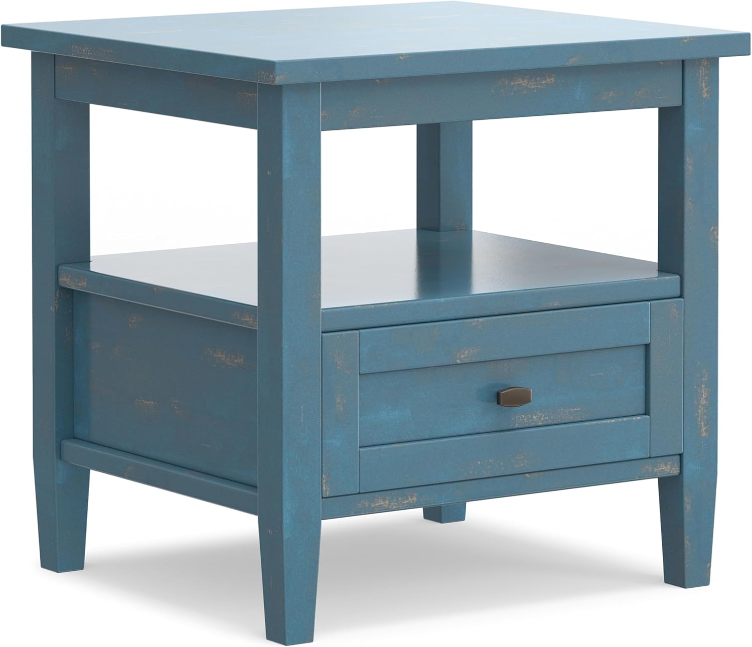 SIMPLIHOME Warm Shaker End Table - 20" Wide x 20" High Solid Wood Square Accent Table in Distressed Coastal Blue, Transitional Side Table for Living Room with Drawer, Open Shelf and Tapered Legs