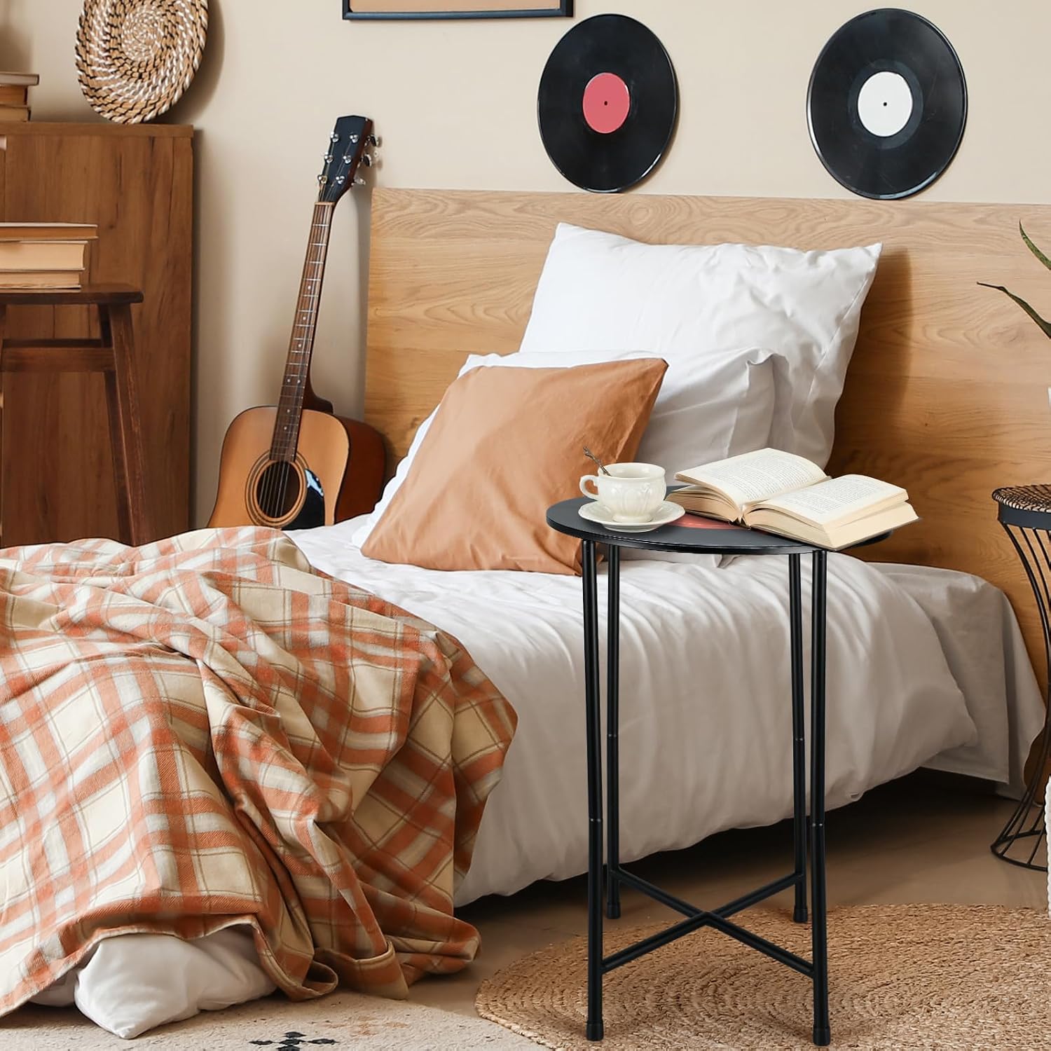 Colingmill 14 x 22 Inch Small Round Side Table End Drink Table Vinyl Records Decor Hippie Decor Room Decoration Aesthetic Iron Coffee for Living Room Bedroom Sofa Couch Corners Office