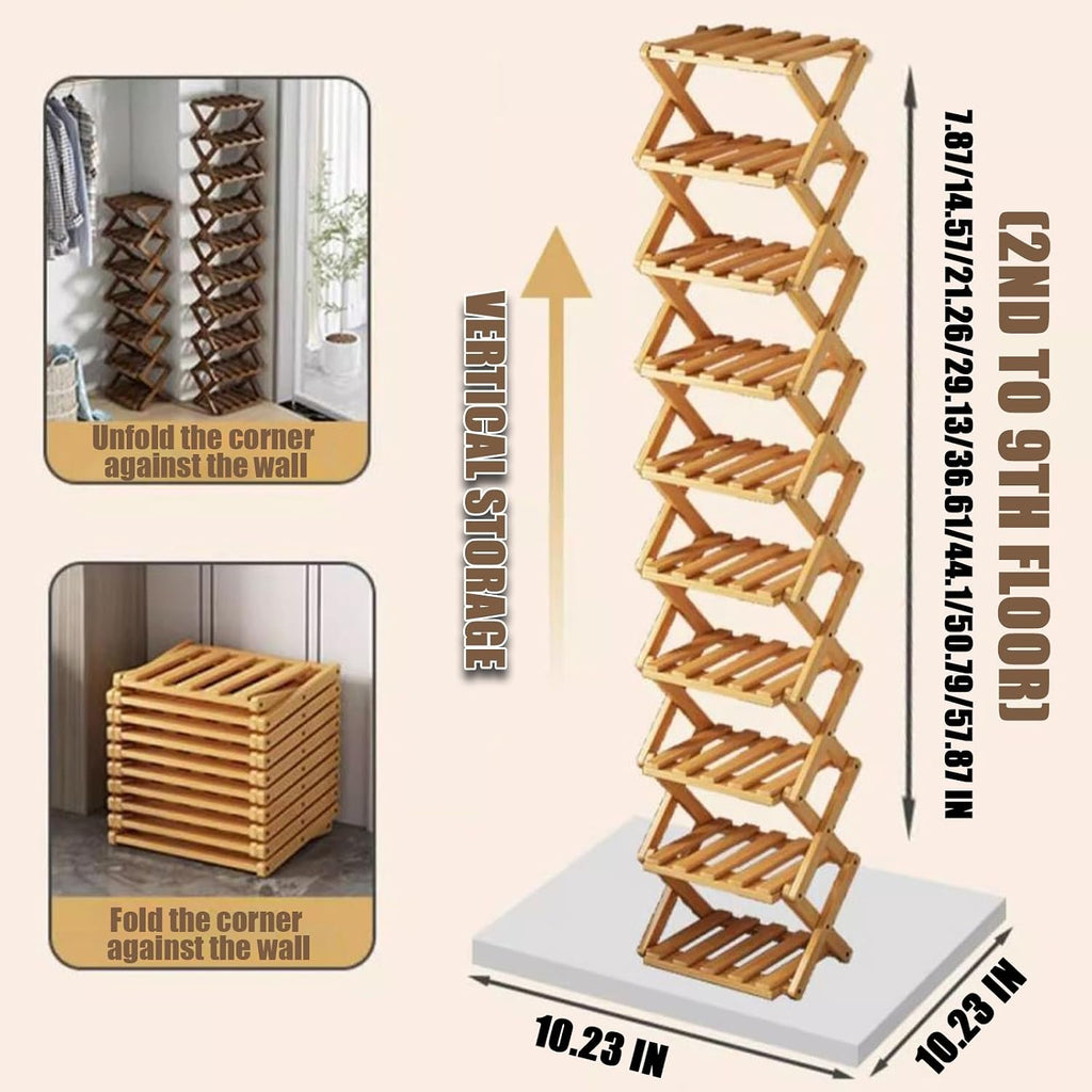 The 9-Tier No-Assembly Bamboo Rack, Foldable Space-Saving Organizer for Shoes, No Assembly Narrow Shoe Shelf for Entryway Closet Dorm (Brown, 9)