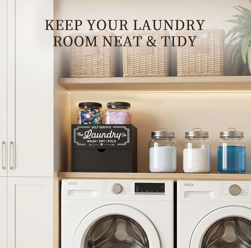 Laundry Pods Container and Dryer Sheet Holder for Laundry Room Organization&Decor, Detergent Powder Container Include 2 Plastic Jars with Lids for Powder, Pods, Scent Booster Beads